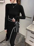 Patcute  Women Knitted Dress New Autumn Winter Slim Lace-Up Long Sleeve Bottoming Sweater Skirt Elegant Fashion Office Female Vestidos