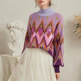 Patcute Purple Sequin Embroidery Lazy Sweaters Women Vintage Long Sleeve Turtleneck Autumn Winter Knitted Pullover Warm Jumper