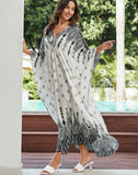 Patcute Cotton Rayon Ethnic Print Cover-Ups Women Robe Boho Beach Wear Kimono Maxi Dress V Neck Loose Oversize Kaftan Vestidos