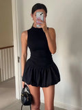 Patcute Elegant Knit Mini Dress Women Sexy Backless Pleated Ball Gown Dresses 2024 Spring Summer Sleeveless Fashion Street Lady Robe