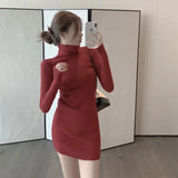 Patcute  Short Extreme Mini Turtleneck Clothing Crochet Red Female Dress Solid Women's Dresses Knit Bodycon Thic Hot Cheap Casual Trendy