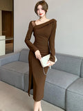 Patcute 2024 Solid Vintage V-Neck Sexy Side Slit Long Dress Autumn Winter Long Sleeve Bodycon Vestidos Women Elegant Casual Party Dress