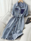 Patcute Denim Dress Women 2024 Summer Autumn Vintage A-line Lapel Single Breasted Dresses Half Sleeve Female Jean Vestidos