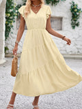 Patcute  Summer Dress Women Holiday Beach Long Dresses Female Elegant Fashion V Neck Dress Ladies Casual Loose Ruffled Sleeve Vestidos