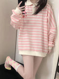 Patcute   Kawaii Pink Striped Sweatshirt Woman Japanese Cute Cartoon Print Autumn Winter Polo Collar Hoodies Soft Girl Pullover