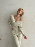 Patcute Sexy Off Shoulder Knitted Two Piece Set Women 2 Piece Sweatpants Women Set Tracksuit Knit Sweater Pants Matching Sets For Women