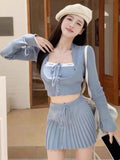 Patcute Y2k Sweet Outfits Woman Solid Knitted Cropped Patchwork Vest + Slim Cardigan + Mini Pleated Skirt Spring Korean Chic 3 Piece Set