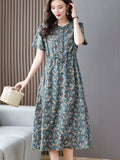 Patcute  Cotton Dresses Women New Summer Elegant Floral Print Drawstring Maxi Dress Casual Loose Mommy Clothes Robe Femme 4XL