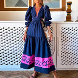 Patcute New Women Boho Party Dress 2022 Fashion V-Neck Temperament Puff Sleeve Dress Elegant Hollow Out Waist Patchwork Pleat Maxi Dress