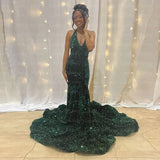 Patcute Dark Green Sequins Prom Dresses Mermaid Halter Neck Backless Girl Formal Graduation Evening Party Gowns 2024 Vestido De Noche