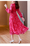 Patcute  Summer New Red Silk Long sleeved Dress V-Neck French Silk Lace Splice Printed Waist Slim Over Knee Long Dress