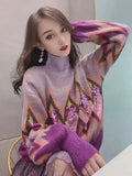 Patcute Purple Sequin Embroidery Lazy Sweaters Women Vintage Long Sleeve Turtleneck Autumn Winter Knitted Pullover Warm Jumper