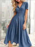 Patcute  Elegant Casual Female Dress Loose Big Swing Short Sleeve Clothing Denim Outfits Solid Color Long Dresses