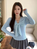 Patcute Spring and Autumn Women's New Bow Lace-up Long Sleeve V-Neck Slim-fit Knitted Sweater