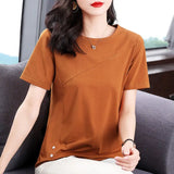 Patcute Women's Clothing Tees T-shirt Streetwear Summer Short Sleeve Oversized Solid Button Folds Loose Round Neck Fashion Casual Tops