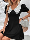 Patcute   Ladies Peter Pan Collar Elegant Short Sleeve Soild Colour V Neck Mini Dress Women Fashion Office Wear Casual Dresses