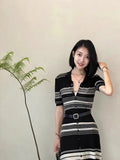 Patcute Striped Polo Neck Elegant Dress For Women'S Summer French Style Slim Fit Cardigan Knit Mid Length Skirt