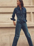 Patcute  Blue Lapel Long Sleeved Jumpsuit For Women With A Stylish Front Pocket Embellishment, Straight Leg Long Denim Jumpsuit