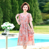 Patcute  PINK Floral Pinted Elegant Dresses Women Summer New lapel Neck Slim A-Line Button Party Holiday Chiffon Dresses