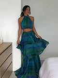 Patcute Printed Halter Top & Ruffles Half Skirt Set Fashion Crop Pullover And Long Skirts Suit 2024 Spring Summer Holiday Dress Bohe