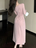 Patcute Elegant Solid Knitted Dress Women Ruffles V-neck Lace-up Long Sleeve Slim Casual Female Korean Fashion Sexy Midi Vestidos Mujer