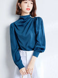 Patcute  Elegant Women Blouses Satin Female Metal Button Shirts Blue White Office Lady Work Wear Tops Long Sleeve Femme Blusas Chiffon