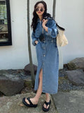 Patcute  Denim Dress, Women's Long Sleeved Casual Loose And Versatile Split Skirt Long Dresses Formal Dresses New In Dresses