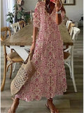 Patcute  Elegant Boho Floral Print Beach Long Dresses For Women Fashion RufflesV-neck Short Sleeve Casual Sweet Loose Maxi Dress