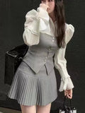 Patcute Sweet 3 Piece Set Women Flare Sleeve Shirt Square Collar Vest Pleated Mini Skirt Autumn Spring Solid Y2K Korean Chic Outfits New