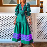 Patcute New Women Boho Party Dress 2022 Fashion V-Neck Temperament Puff Sleeve Dress Elegant Hollow Out Waist Patchwork Pleat Maxi Dress