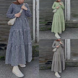 Patcute New Plaid Long Sleeves Elastic Sleeves Round Neck Loose Waist Casual Muslim Dress