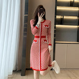 Patcute Vintage Pullover Knitted Sweater Knee Dresses for Women Korean Fashion Pockets O-Neck Plaid Red Dress Robe Femme Vestidos Autumn