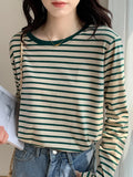 Patcute  Autumn T-Shirt Woman Korea Loose Cotton T Shirt Women Casual Top Tee Green Black Striped Long Sleeve Tshirt Basic Winter