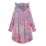 Patcute  Fashion Tie-Dye Button Decorate Hooded Sweatshirt Autumn Winter New Warm Fleece Women Clothes Cute Cat Ear Hoodies Outwear Tops