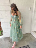 Patcute  Romantic Vintage Green Prom Dress Princess Puff Long Sleeve Floral Embroidery Women Evening Dress Cocktail Girls Birthday Outfit