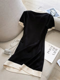 Patcute POLO Collar Short-sleeved Knitted Black Dress Summer New Hit Color Straight Loose V-neck T-shirt Short Skirt Base Layer Shirt