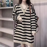 Patcute Spring Autumn New Hollow Stripe Knitted Skirt for Women's European Retro Mid Length Loose V-neck Long Sleeved Sweater Dress