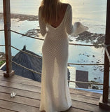 Patcute Sexy Women Long Knit Beach Dress Hollow-Out Deep V-Neck Long Sleeve Bikini Cover-Ups Dress Fall Backless Holiday Dress