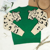 Patcute Green Leopard Pattern Pull Long Sleeve Knit Sweater Women Casual Autumn Winter Sweaters O-Neck Pullover Jumperer