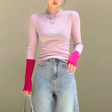 Patcute  Ribbed Colorblock Women Knit Pullover Crew Neck Long Sleeve Sweater Top Colour Contrasted Sleeves Autumn/Winter Women Clothes