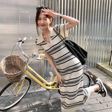 Patcute Korean Casual Striped Knitted Dress Women Summer New Turn-down Collar Design Short Sleeve Midi Dress Ladies Sweater Dress