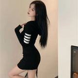 Patcute  Striped Slim Dress Women Y2k Streetwear Sexy Mini Dresses Korean Fashion Gothic Kawaii Hoodies Long Sleeved Sheath Skirts