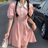 Patcute  MEXZT Sweet Dress Women Puff Short Sleeve Slim A Line Mini Dress Student Preppy Style Kawaii Turn Down Collar High Waist Dress