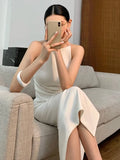 Patcute Summer New Sexy Sleeveless Strap Midi Dress Women Elegant Bodycon Birthday Party White Vestidos Female Chic Robe Clothes