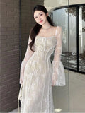 Patcute  Spring France Elegant Mesh Dresses Women's Long Sleeve Lace Up Evening Party Club Vestido Summer Vintage Robe Mujer