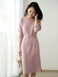 Patcute Autumn Winter Knitted Dress  O-Neck Long Sleeve Party Midi Dress for Women Elegant Pink Gray A-line Sweater Dresses Ladies