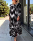 Patcute  Elegant polka dot print women dress  Spring summer 3/4 sleeve o-neck hem ruffle long maxi dress African casual clothes