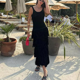 Patcute Summer Knit Slim Maxi Dresses Female High Waist Sleeveless Knitwear Fashion Dress Elegant Women Patchwork Cascading Tassel Dress