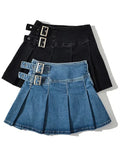 Patcute   Summer New TARUXY Denim Y2k Skirt with Pleats and Belt 90s E-girl Korean Skirts For Women High Street Jeans Short Bottom