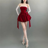 Patcute  Sexy Bow Strapless Dresses Summer Women's Dress 2024 New Lace Slash Neck Solid Skinny High Waist Wrapped Chest Mini Dress Women